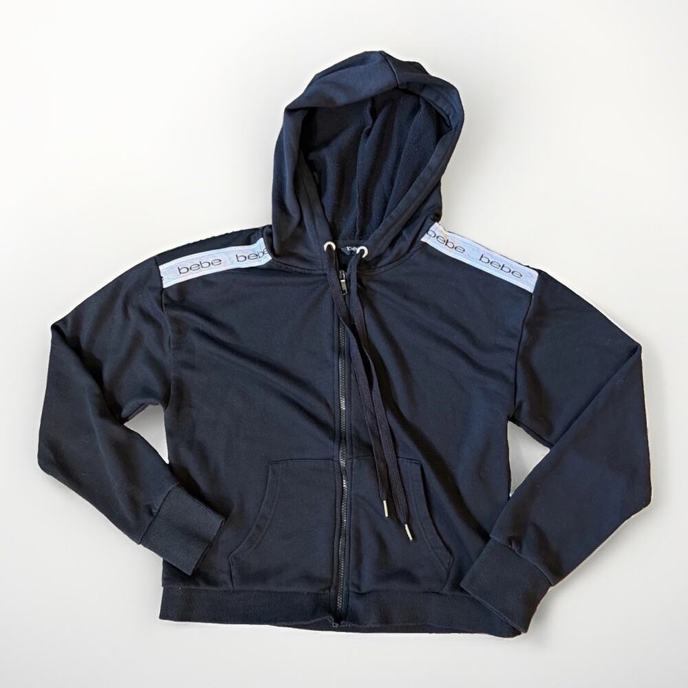 Y2K Bebe Sport Sz M Black Logo Tape Full Zip Hoodie Jacket Streetwear McBling